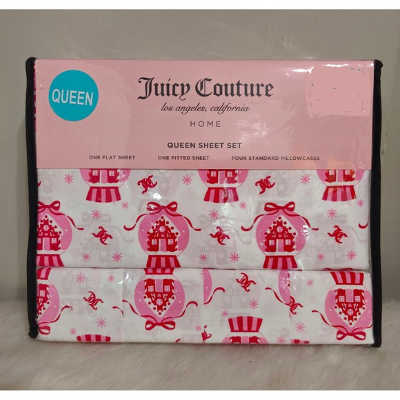 Juicy Couture Queen Sheet Set Christmas Snow Globe Pink White Red Bedding NWT - Picture 1 of 5